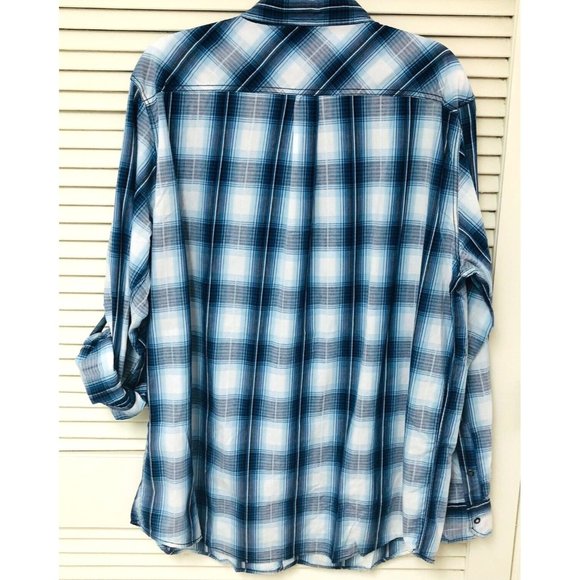 Skully Western Snap Shirt Men's 2XL 50 Chest Blue Plaid Roll Tab Sleeves - Picture 3 of 6
